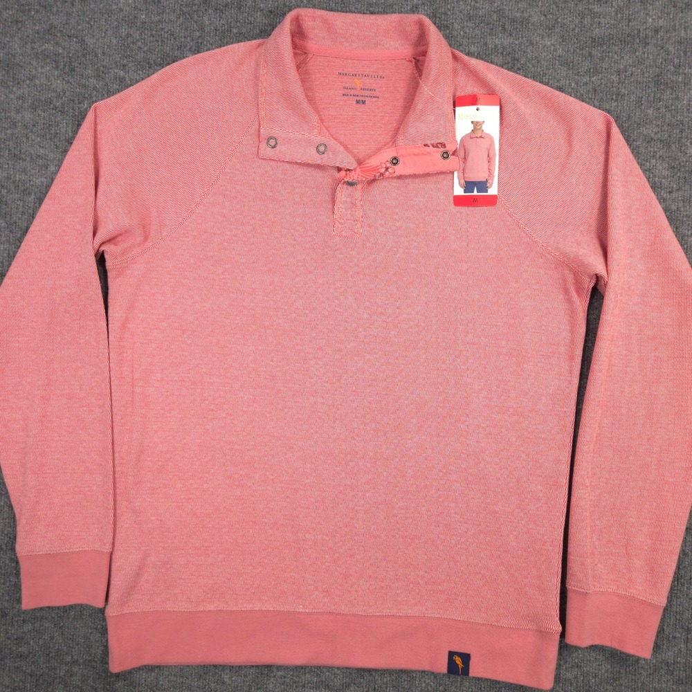 Margaritaville Henley Sweater Mens M Red White 1/4 Snap Long Sleeve Pullover NEW